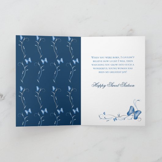青い蝶及び渦巻の菓子16の誕生日 カード (内部)