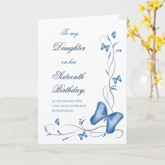 青い蝶及び渦巻の菓子16の誕生日 カード (黄色い花)