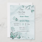 青い蝶葉のフローラは日付を保存 招待状 (正面)