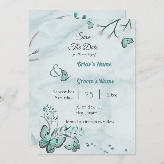 青い蝶葉のフローラは日付を保存 招待状 (正面/裏面)