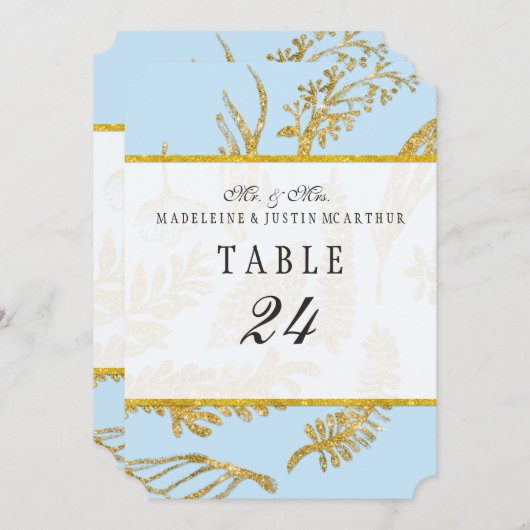 青い表の番号モダン手描きリーフ葉の 招待状 (正面/裏面)