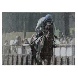 青い裁断ボードに騎手を乗せた競走馬 カッティングボード