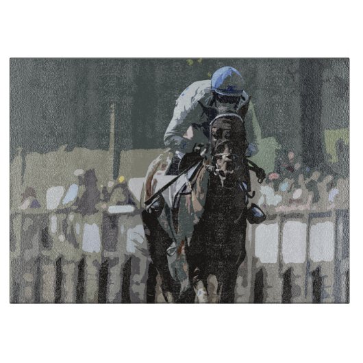 青い裁断ボードに騎手を乗せた競走馬 カッティングボード (正面)
