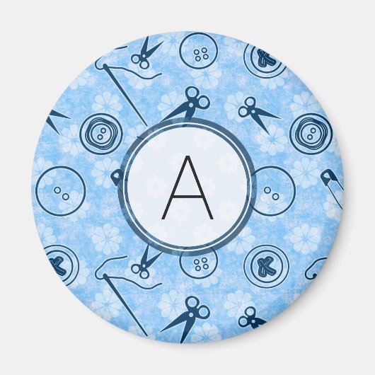 青い裁縫パターン（モノグラム） マグネット (正面)