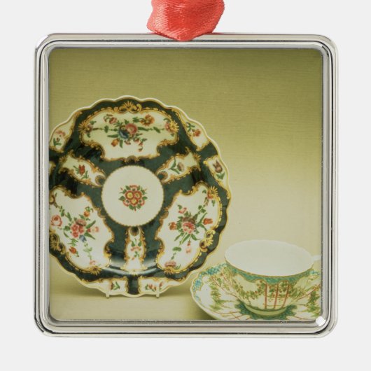 青い装飾が付いているウスターの磁器皿 メタルオーナメント (正面)