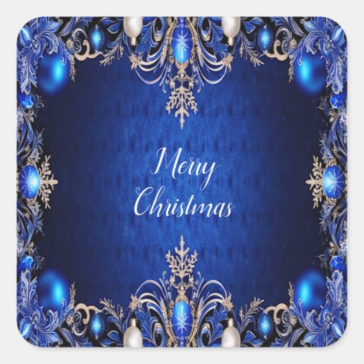青い装飾クリスマスステッカー スクエアシール (正面)