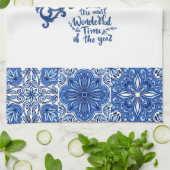 青い装飾フローラキッチンタオル –  キッチンタオル (折り畳み)