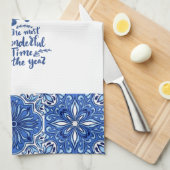 青い装飾フローラキッチンタオル –  キッチンタオル (四つ折り)