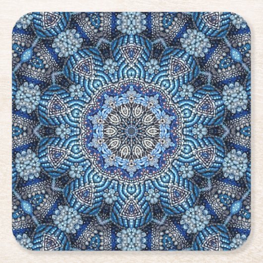 青い装飾的なクリスマスホリデーペーパーコースター スクエアペーパーコースター (正面)