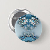 青い装飾的な花のボタン 缶バッジ (正面&裏面)