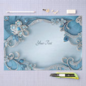 青い装飾的な花の柄のティッシュペーパー 薄葉紙 (クラフト)