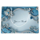 青い装飾的な花模様のギフトバッグ ラージペーパーバッグ (正面)