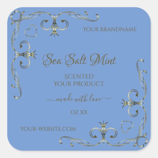 青い製品ラベル装飾スクロール縁ど作業 スクエアシール (正面)