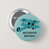 青い複葉機の誕生日ピンボタン 缶バッジ (正面&裏面)