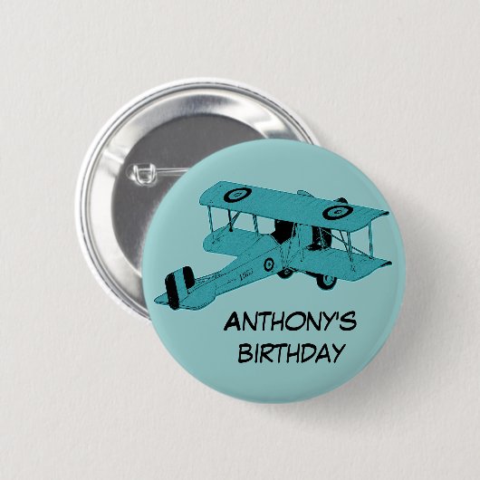 青い複葉機の誕生日ピンボタン 缶バッジ (正面&裏面)