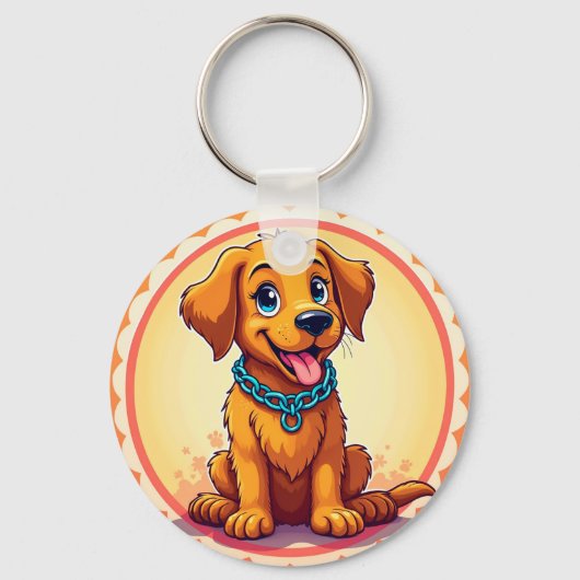 青い襟の可愛らしい漫画の子犬 キーホルダー (正面)