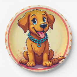 青い襟の可愛らしい漫画の子犬 ペーパープレート
