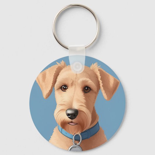 青い襟を着たかわいい犬のポートレート キーホルダー (正面)