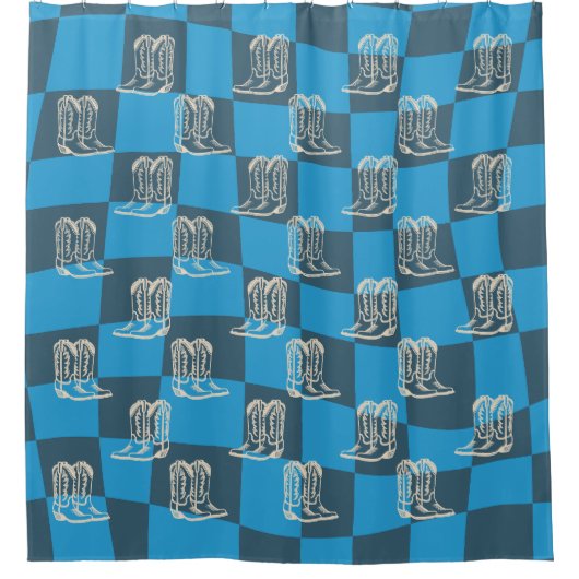 青い西モダンカウボーイのブーツ シャワーカーテン (正面)