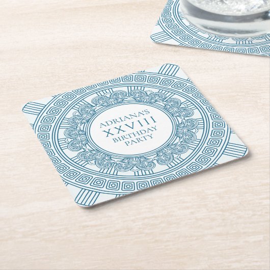 青い要素を使ったギリシャ風トーガの誕生日パーティー スクエアペーパーコースター (アングル)