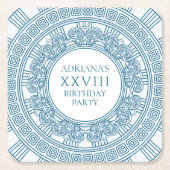 青い要素を使ったギリシャ風トーガの誕生日パーティー スクエアペーパーコースター (正面)