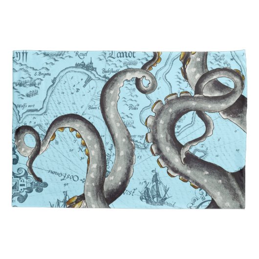 青い触手マップ上のグレーのヴィンテージ 枕カバー (裏面)