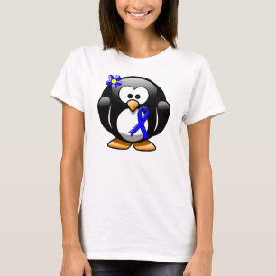 青い認識度のリボンのペンギン Tシャツ