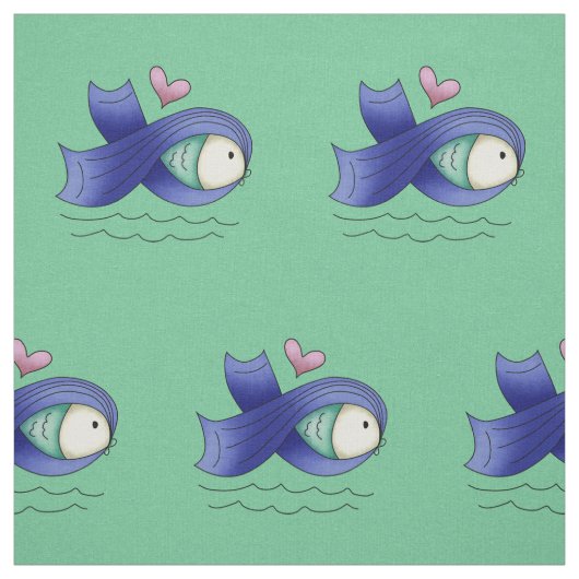 青い認識度のリボンの魚及びハート ファブリック (見本)