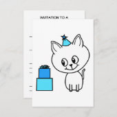 青い誕生日の帽子のかわいく白い子ネコ 招待状 (正面/裏面)
