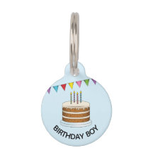 青い誕生日の男の子のカラフルなバナー付きケーキ