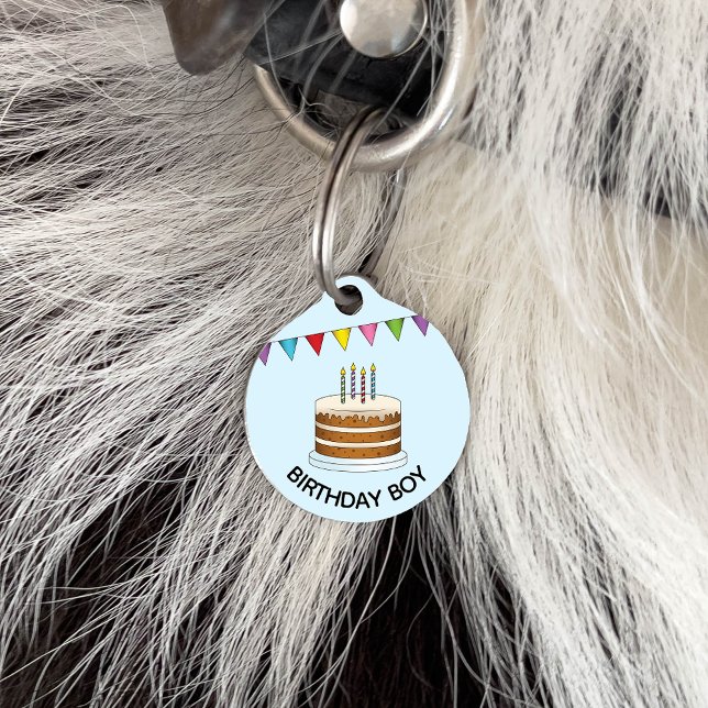 青い誕生日カラフルボーイにバナーを付けたケーキ ペット　ネームタグ (クリエイターアップロード済み)