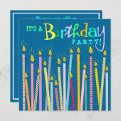 青い誕生日パーティーの招待にろうそく 招待状 (正面/裏面)