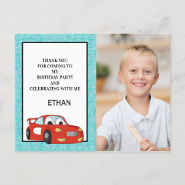 青い誕生日写真のサンクスカードに赤いレーシングカー ポストカード