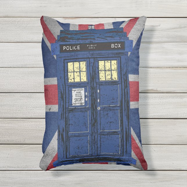 青い警察のパブリックコールボックス – UKタイムトラベル1 アウトドアクッション (正面(縦))