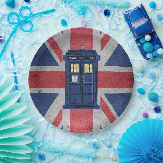 青い警察のパブリックコールボックス – UKタイムトラベル1 ペーパープレート (パーティー)