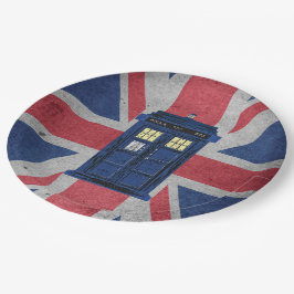 青い警察のパブリックコールボックス – UKタイムトラベル1 ペーパープレート