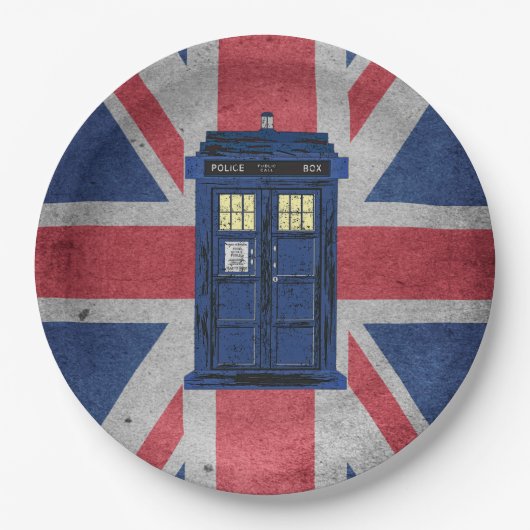 青い警察のパブリックコールボックス – UKタイムトラベル1 ペーパープレート (正面)