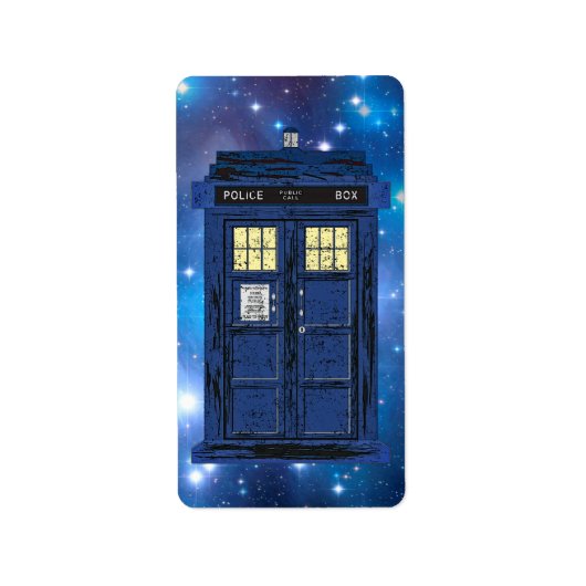 青い警察のパブリックコールボックス – UKタイムトラベル1 ラベル (正面)