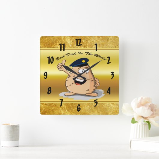 青い警察帽を被った警官ポテト スクエア壁時計 (ホーム)