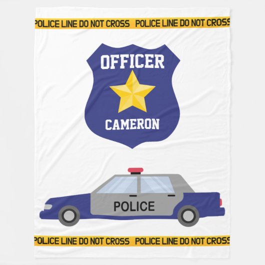 青い警察車と名前をカスタムするオフィサーバッジ フリースブランケット (正面)