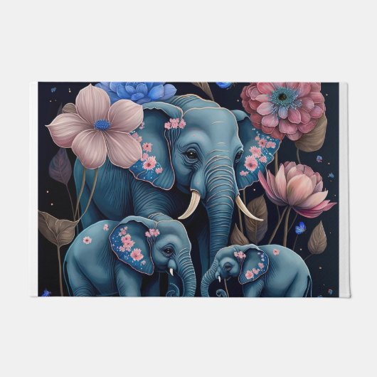 青い象とピンクの花デザイン ドアマット (正面)