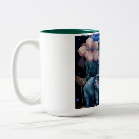 青い象とピンクの花 ツートーンマグカップ (左)