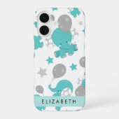 青い象と星のパターンにあなたの名前 iPhone 16ケース (裏面)