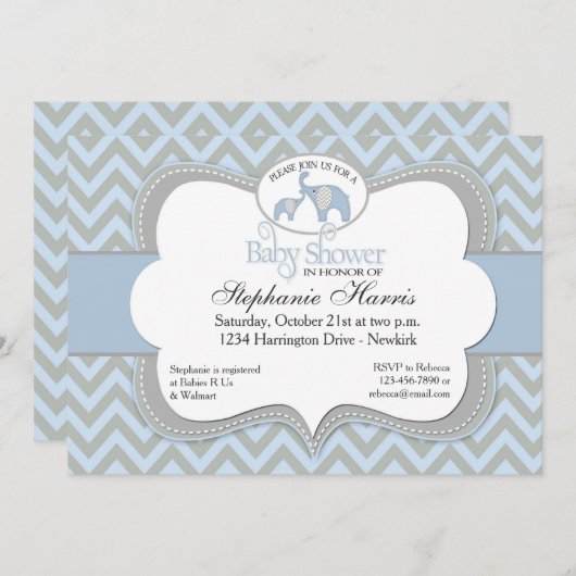 青い象のシェブロンのベビーシャワーの招待状 招待状 (正面/裏面)