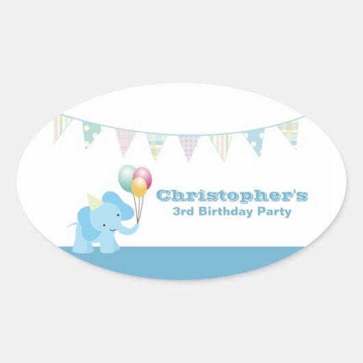 青い象のストライプ誕生日の楕円形のシール 楕円形シール (正面)