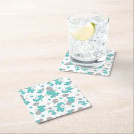 青い象のパターン，かわいい象，星 スクエアペーパーコースター