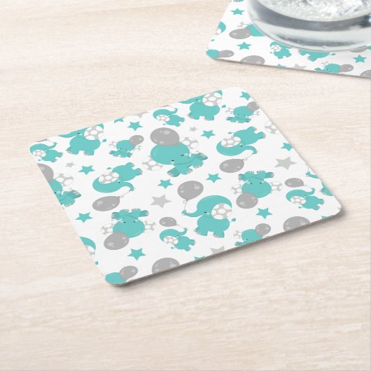 青い象のパターン，かわいい象，星 スクエアペーパーコースター (アングル)