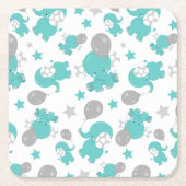 青い象のパターン，かわいい象，星 スクエアペーパーコースター (正面)