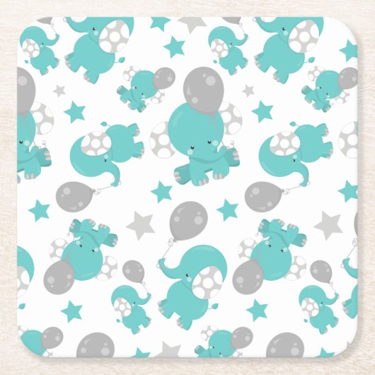 青い象のパターン，かわいい象，星 スクエアペーパーコースター (正面)
