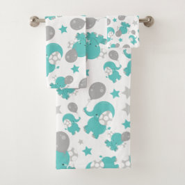 青い象のパターン，かわいい象，星 バスタオルセット